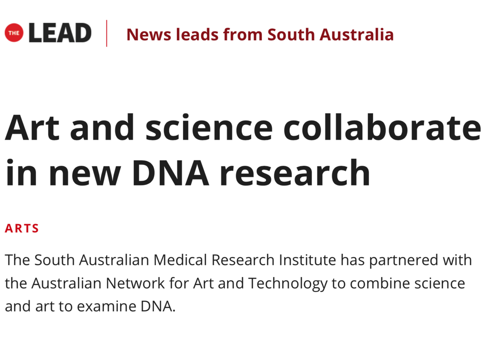 Headline, article in The Lead, ‘Art and Science collaborate in new DNA research’